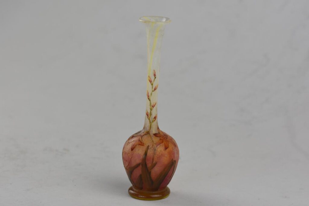 Daum cameo and enamelled glass solifleur vase finely decorated with freesia flowers.